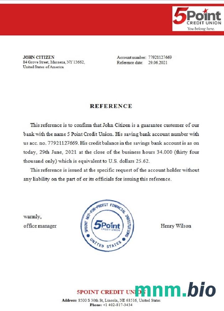 Przykład referencyjny banku USA 5Point w formatach Word i PDF